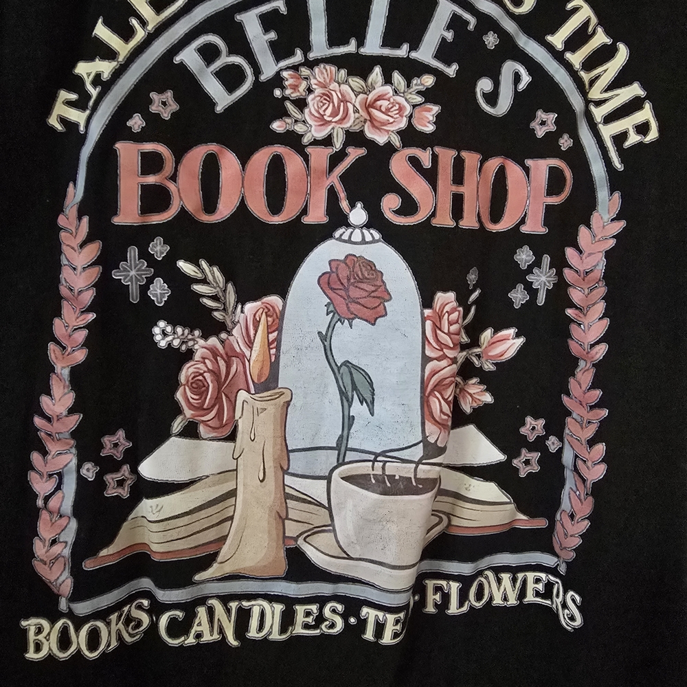Belle's Book Shop Black Graphic Tee - Pink & Cream Floral Design 💖=3/$20 - Picture 3 of 5